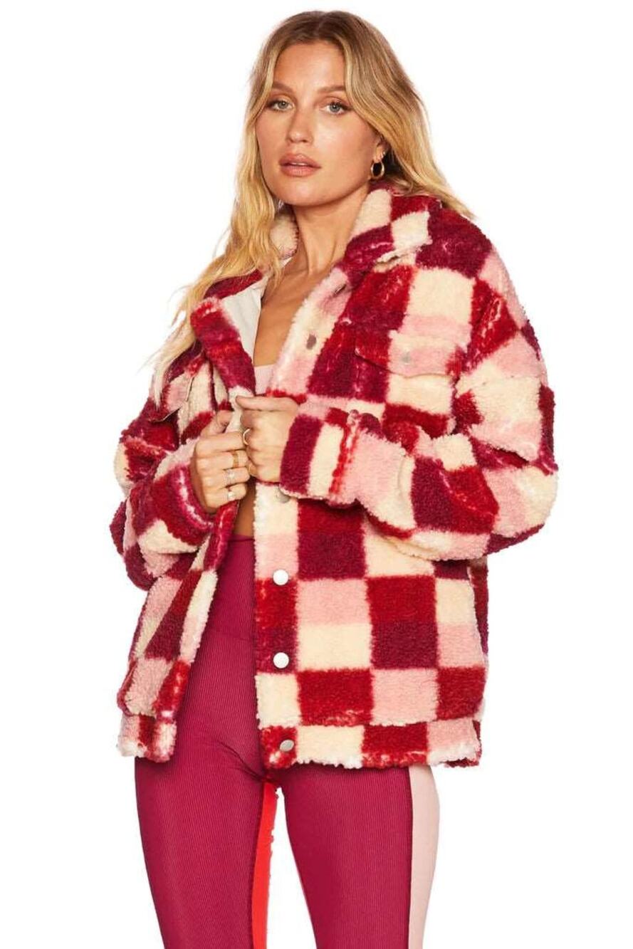 Beach Riot Laurie Sherpa Shacket Sangria Check Pink Red Cream Checkerboard